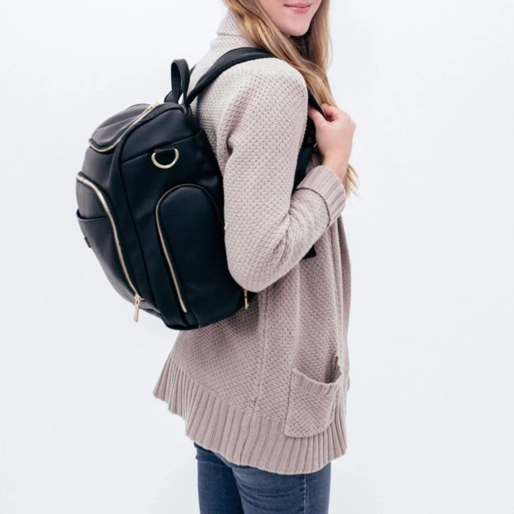 Greyfox Diaper Bag Vegan Leather Black Backpack with shoulder Strap Large